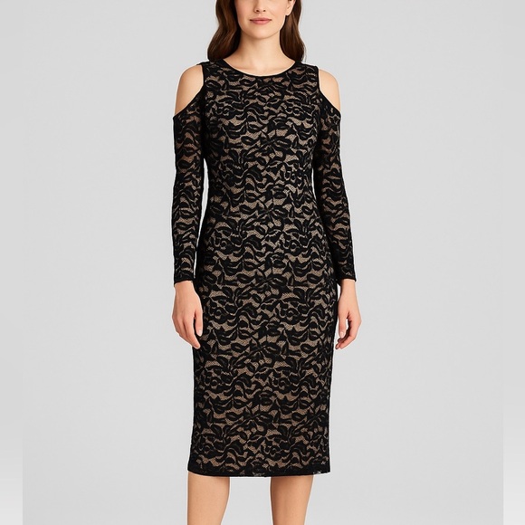 Eliza J NWT Black Lace Cold Shoulder Bodycon Midi Dress 6 Feminine Cocktail LBD - Picture 1 of 8